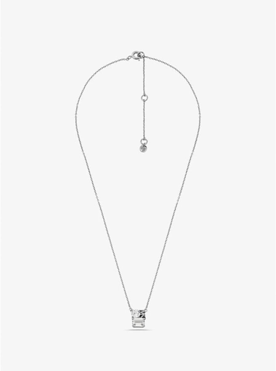 Michael Kors Women's Sterling Silver Necklace with Precious Metal Plating, Logo Detail & Paving Stones