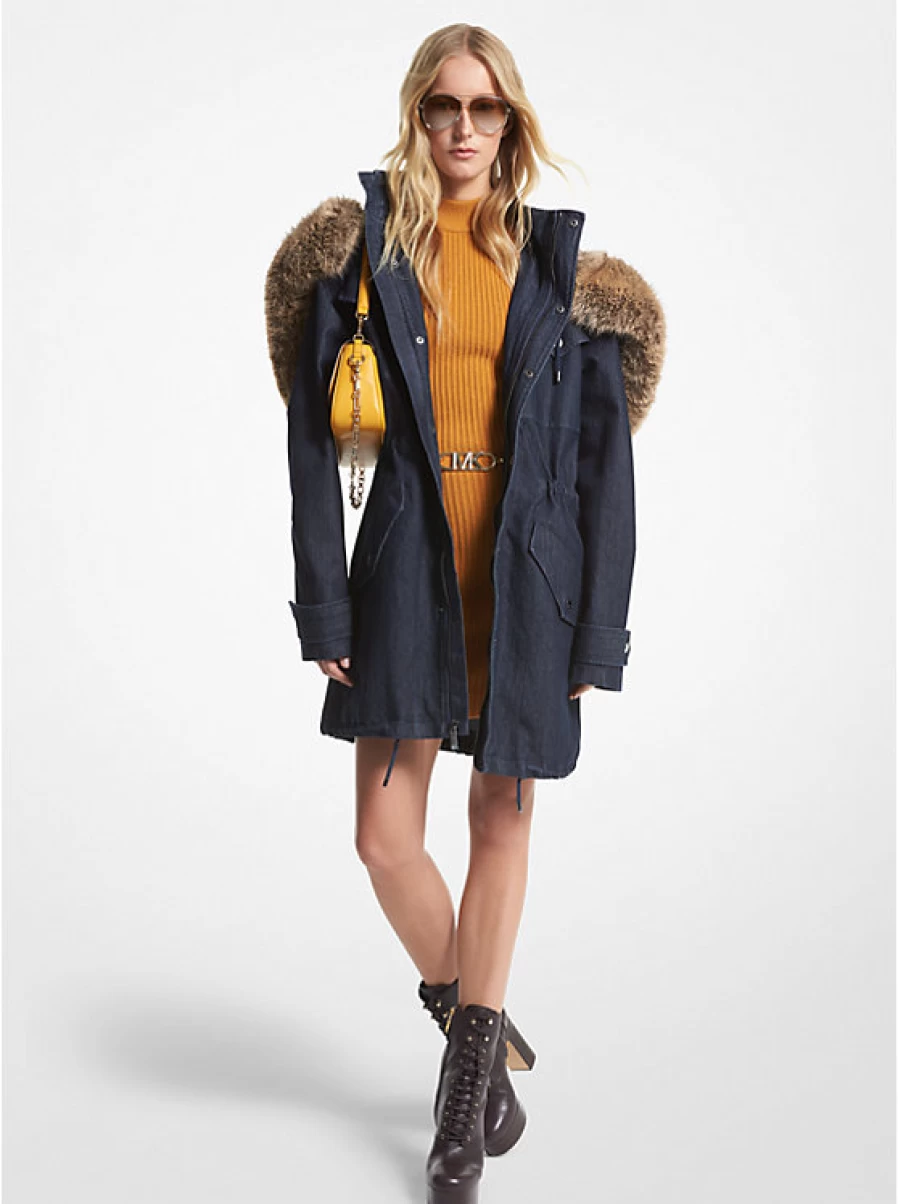Michael Kors Women's Denim Anorak Jacket with Faux Fur Trim