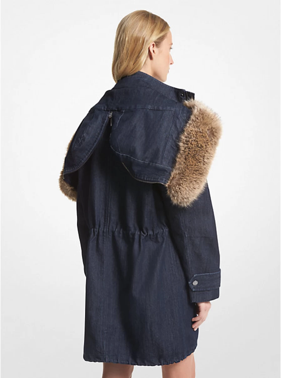 Michael Kors Women's Denim Anorak Jacket with Faux Fur Trim