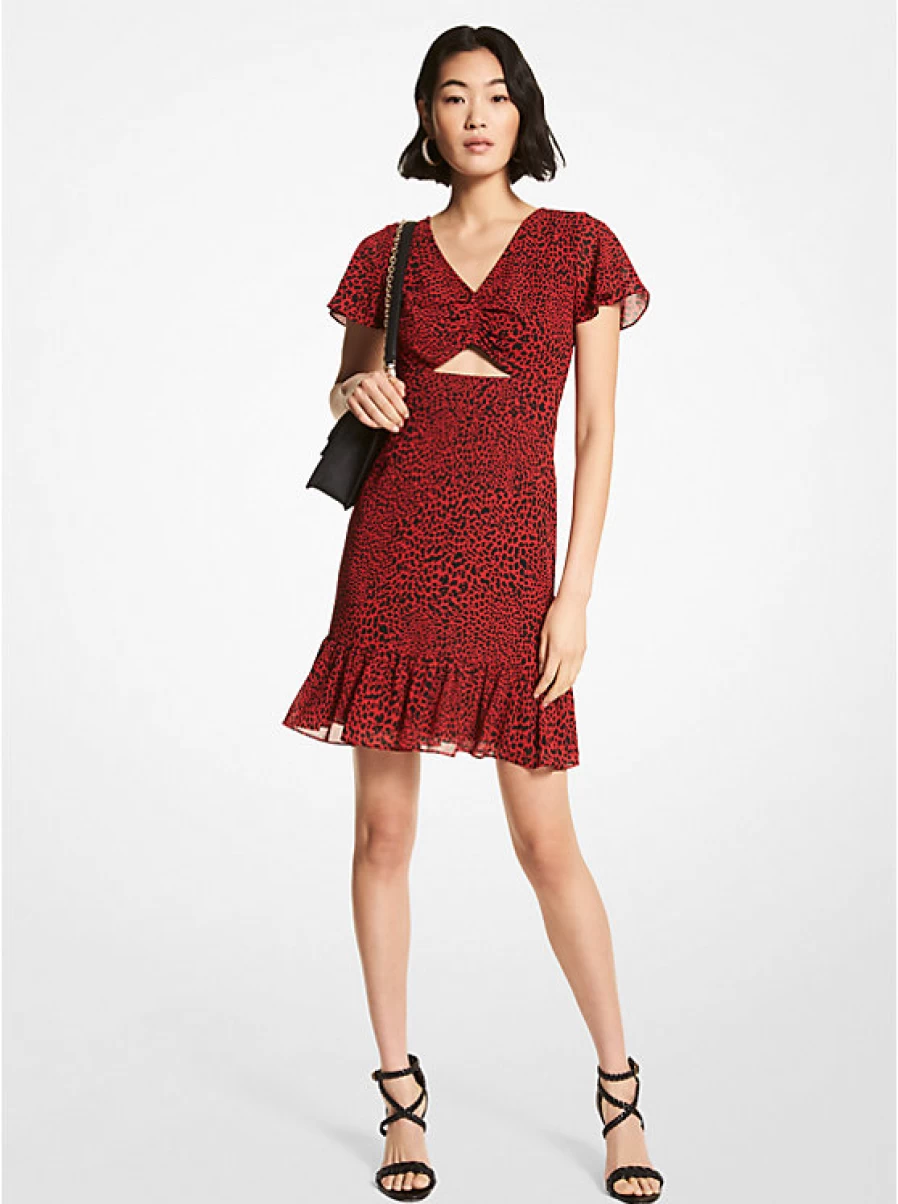 Michael Kors Women's Embroidered Georgette Crepe Dress with Animal Print and Unique Cut