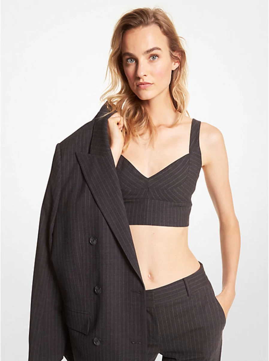 Michael Kors Women's Stretchy Wool Flannel Bra-Style Top with Fine Stripes